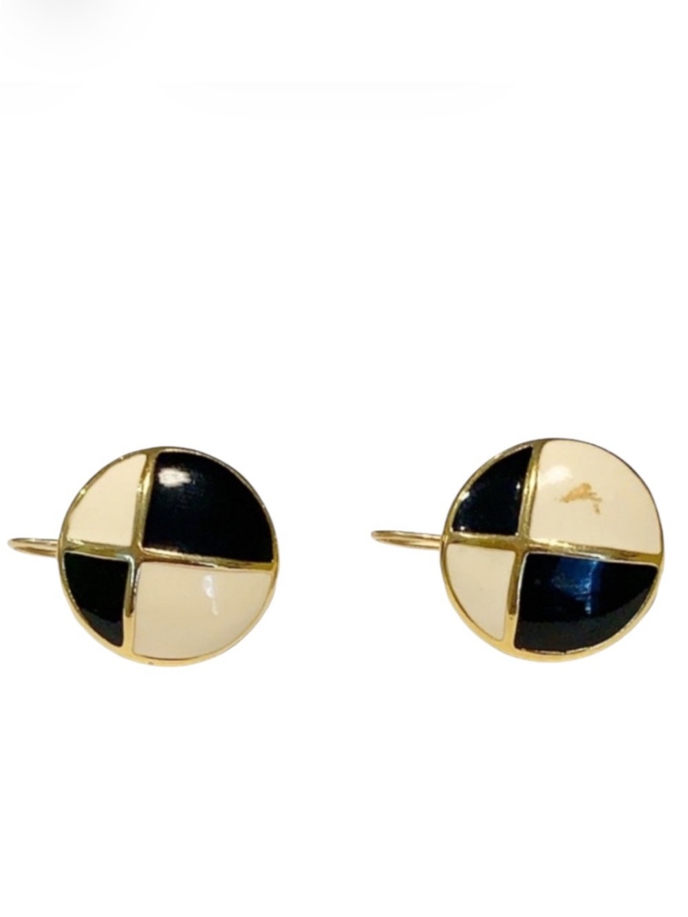 Vintage Monet black white gold trim checkered print earrings
